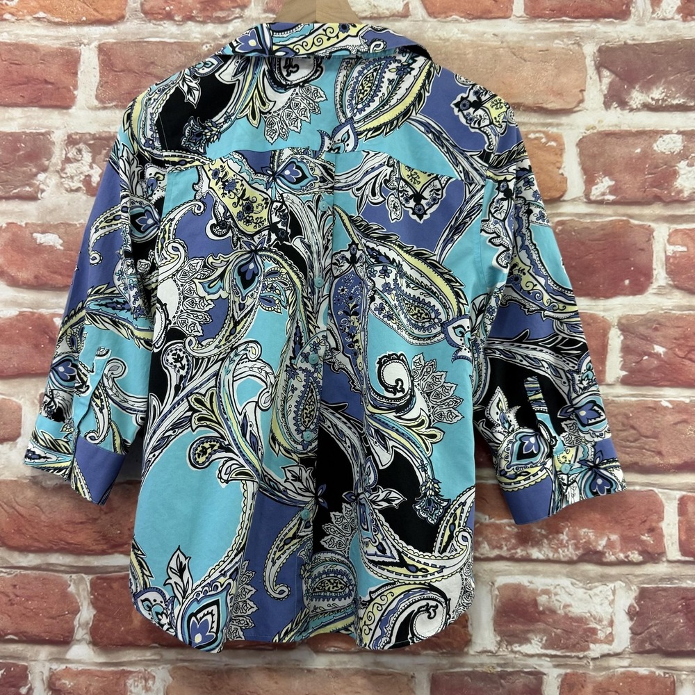 Chicos Shirt Women's Large Blue Multicolor Boho Floral No Iron Casual Career Top - Picture 4 of 8